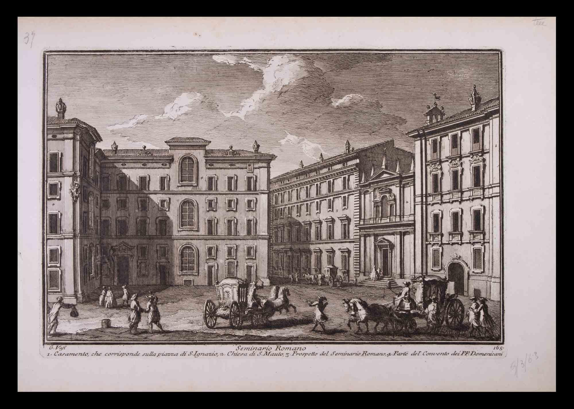 Seminario Romano is an original black and white etching of the Late 18th century realized by Giuseppe Vasi.

Signed and titled on plate lower margin. 

Good conditions and aged margins.

Giuseppe Vasi  (Corleone,1710 - Rome, 1782) was an engraver,