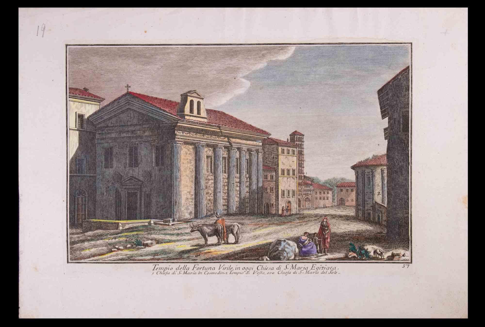 Giuseppe Vasi Landscape Print – Tempio della Fortuna – Radierung von G. Vasi – Ende des 18. Jahrhunderts