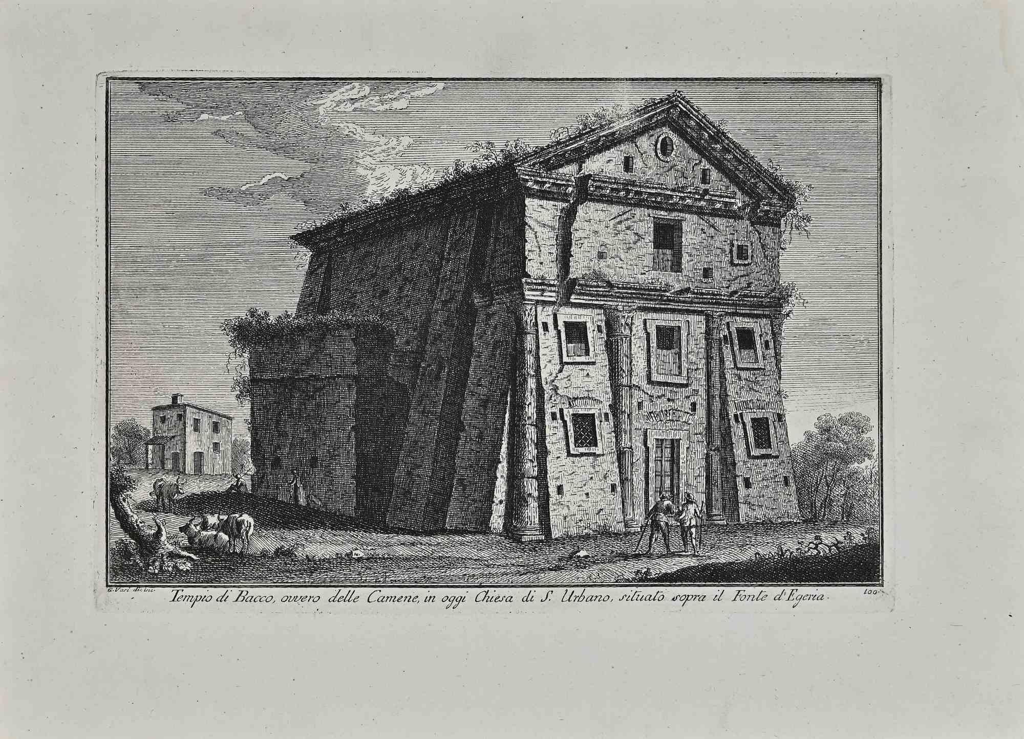 Tempio di Bacco is an original etching of the Late 18th century realized by Giuseppe Vasi.

Signed and titled on plate lower margin. 

Good conditions.

Giuseppe Vasi  (Corleone,1710 - Rome, 1782) was an engraver, architect, and landscape artist.