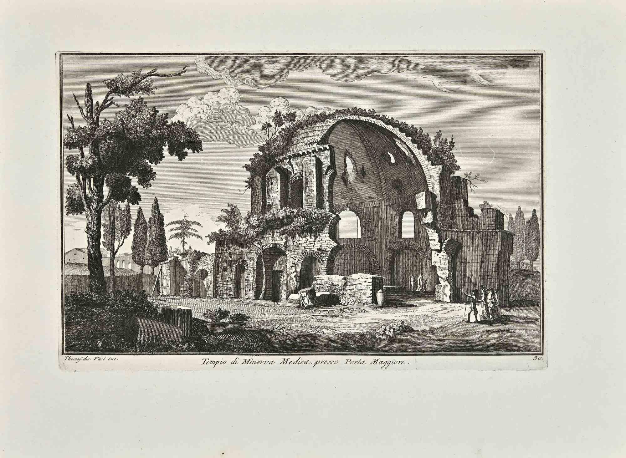 Tempio di Minerva Medica - Porta Maggiore is an original etching of the Late 18th century realized by Giuseppe Vasi.

Signed and titled on plate lower margin. 

Good conditions.

Giuseppe Vasi  (Corleone,1710 - Rome, 1782) was an engraver,