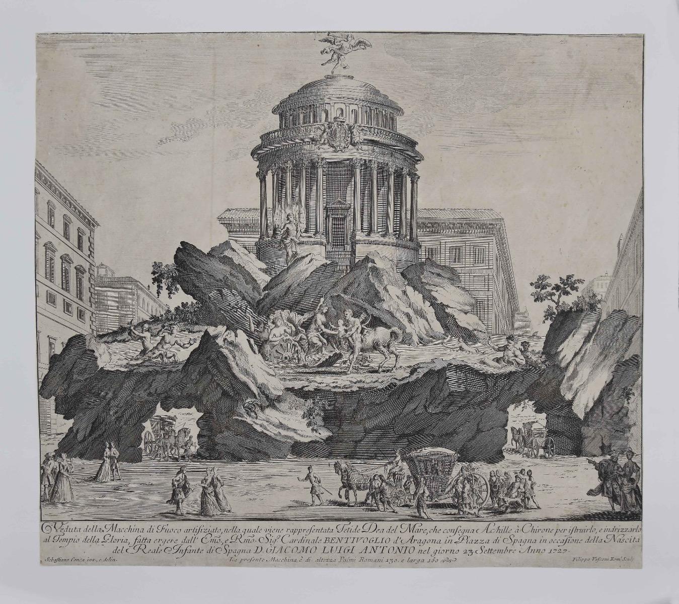 The Temple of Glory is an original etching artwork realized by Giuseppe Vasi.

Good conditions.

The artwork represents the artificial Fire Machine and the temple of glory, with the impressive scenery which is narrated in the description on the