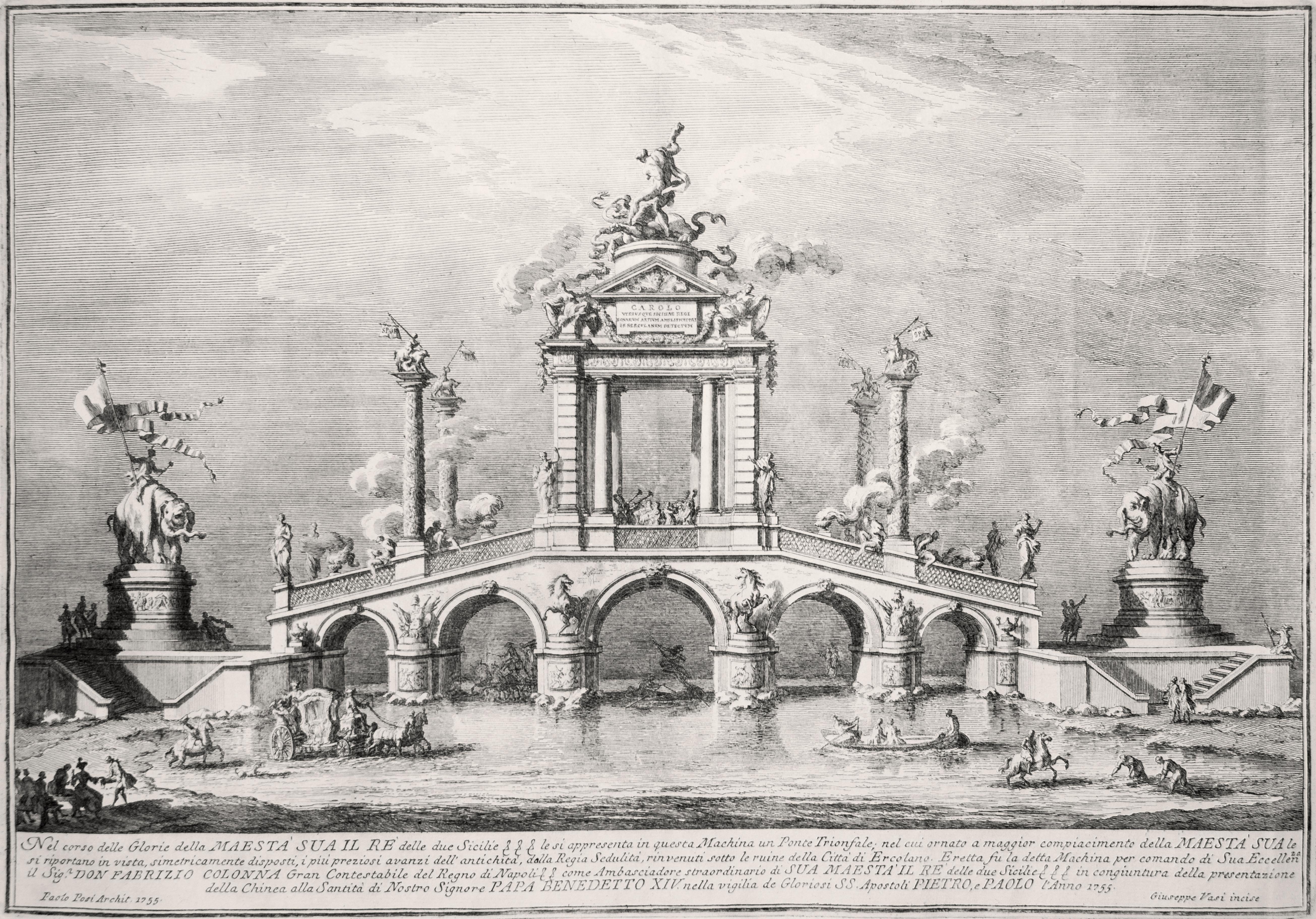English Title: "The Triumphal Bridge”

Image dimensions: 38x54.2 cm. 

Beautiful Artist's Proof, representing the apparatus for firework built in occasion of the Feast of S. Peter and Paolo (29th June 1755) by Paolo Posi. The subjet of this