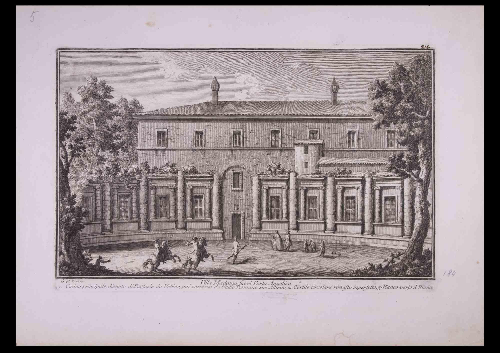 Giuseppe Vasi Figurative Print – Villa Madama Fuori Porta Angelica - Radierung von G. Vasi - Ende des 18. Jahrhunderts