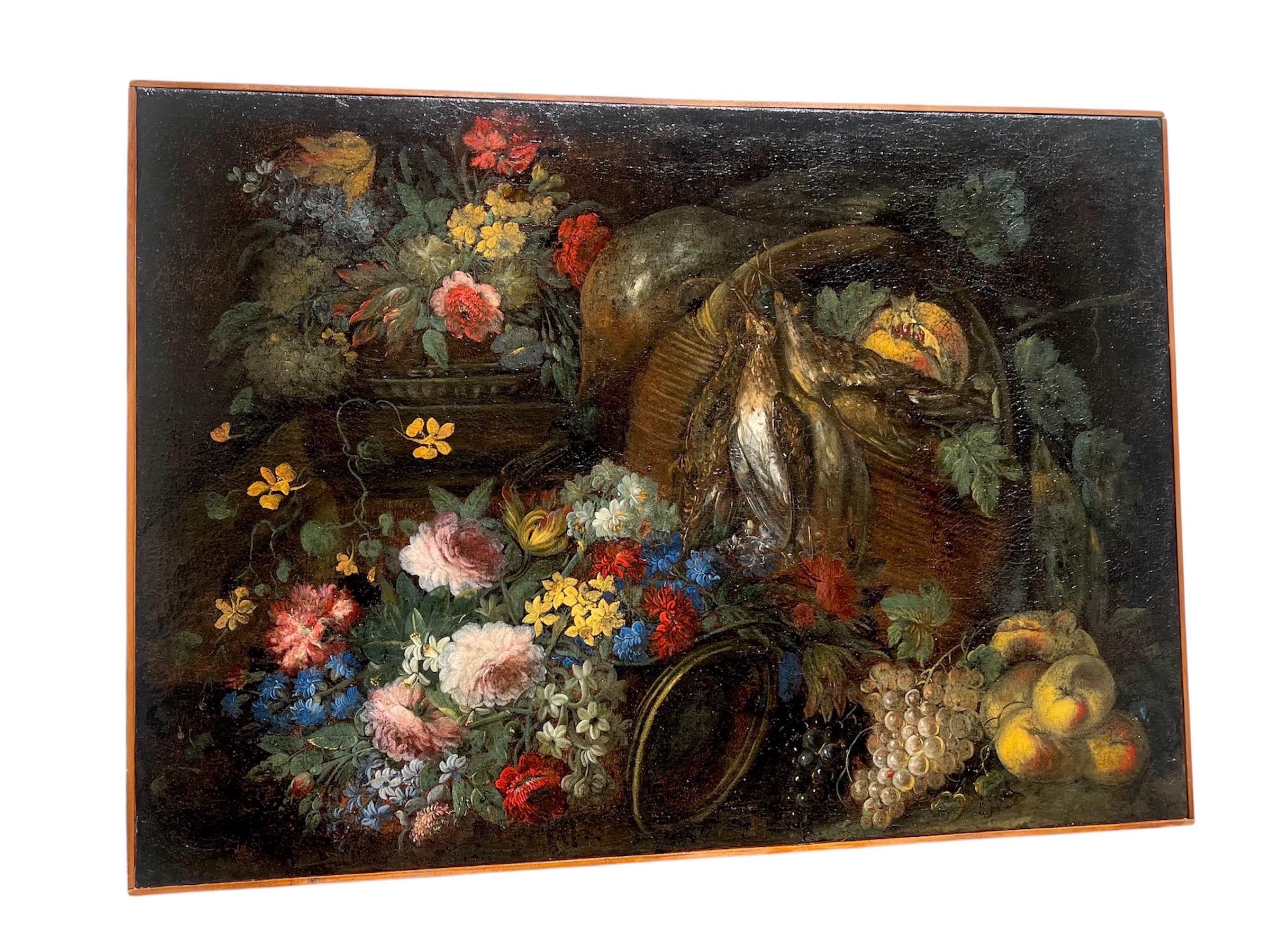 Italienisches Stillleben aus dem 17. Jahrhundert mit Blumen, Früchten und Wild (Alte Meister), Painting, von Giuseppe Vicenzino