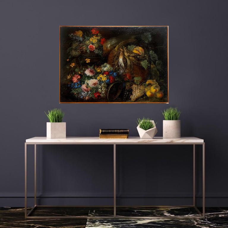 Dieses opulente italienische Stillleben aus dem 17. Jahrhundert fängt den Reichtum und die Raffinesse der Barockzeit ein und ist ein Fest für die Sinne. Die Komposition zeigt eine Reihe von reifen, saftigen Früchten, darunter einen glitzernden