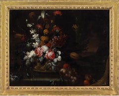 Giuseppe Vincenzino (Circle) Still Life With Basket, Flowers & Fruit On A Stone
