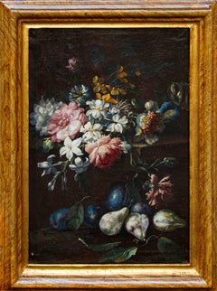 Antique Still life of flowers and plums by Giuseppe Volò called Vincenzino