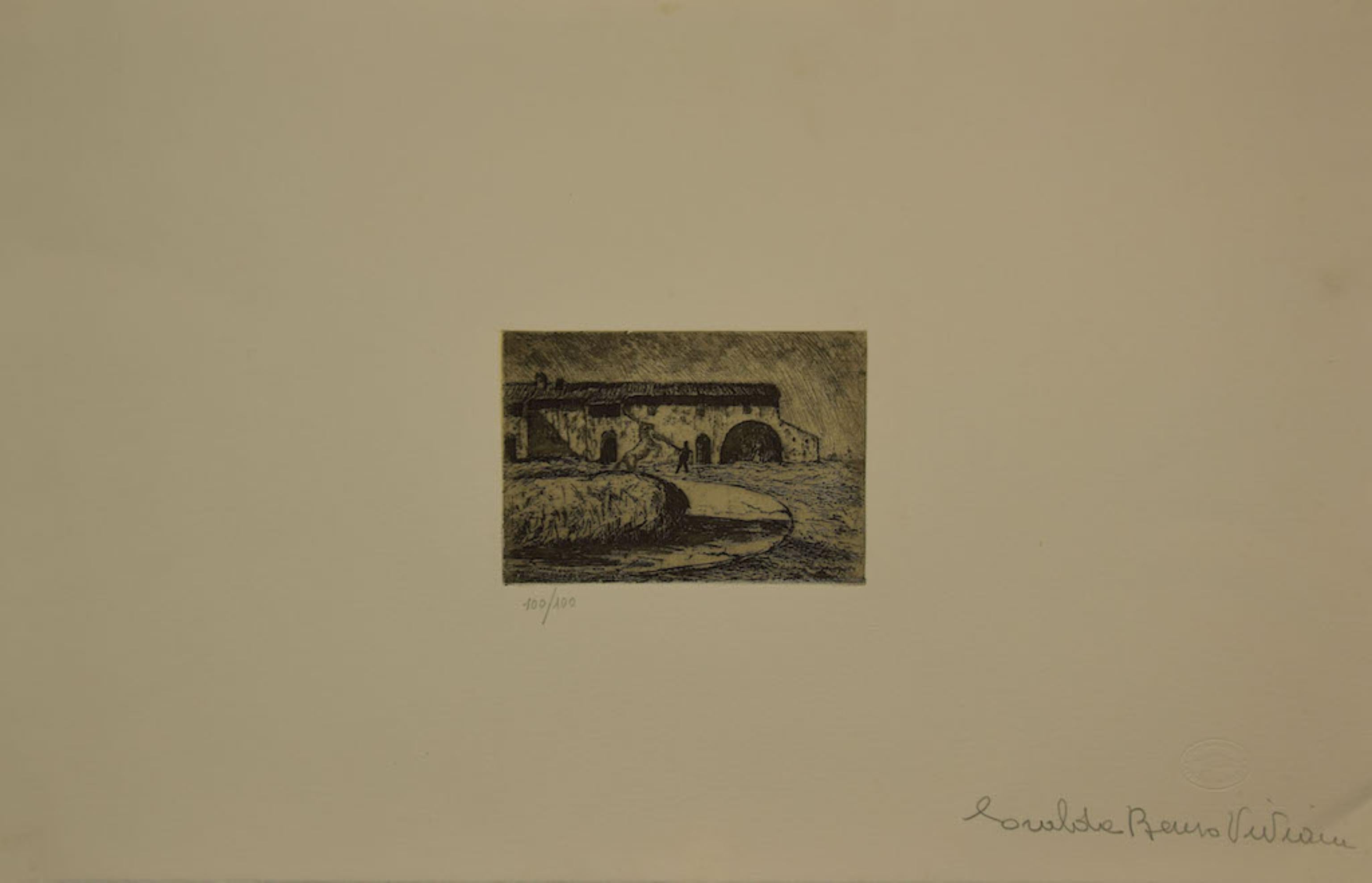 Giuseppe Viviani Figurative Print - Horse and Stable in Twilight - Etching after G. Viviani- Late20th Century