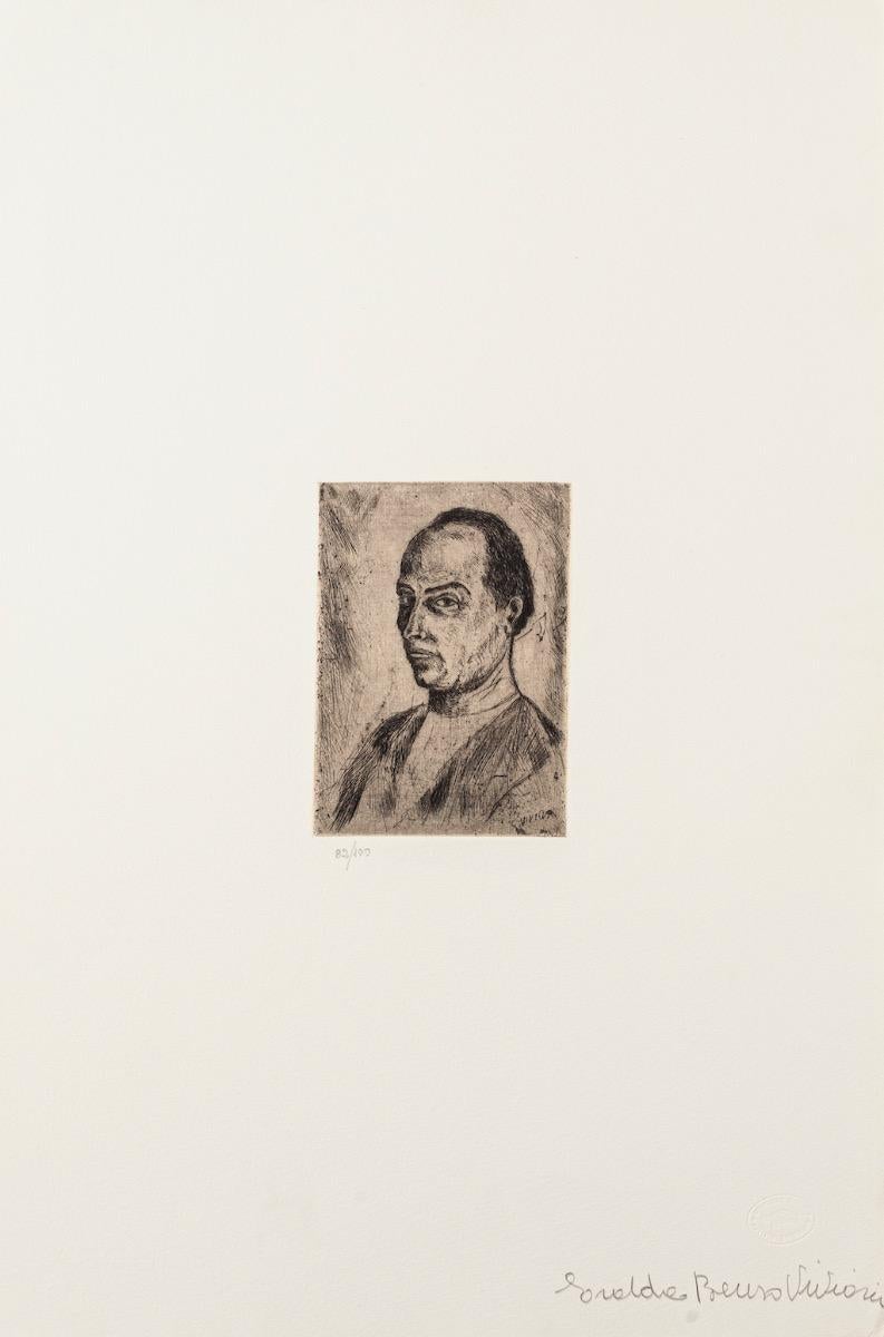 Portrait - Original Etching on Paper by Giuseppe Viviani - 20th Century For Sale 1