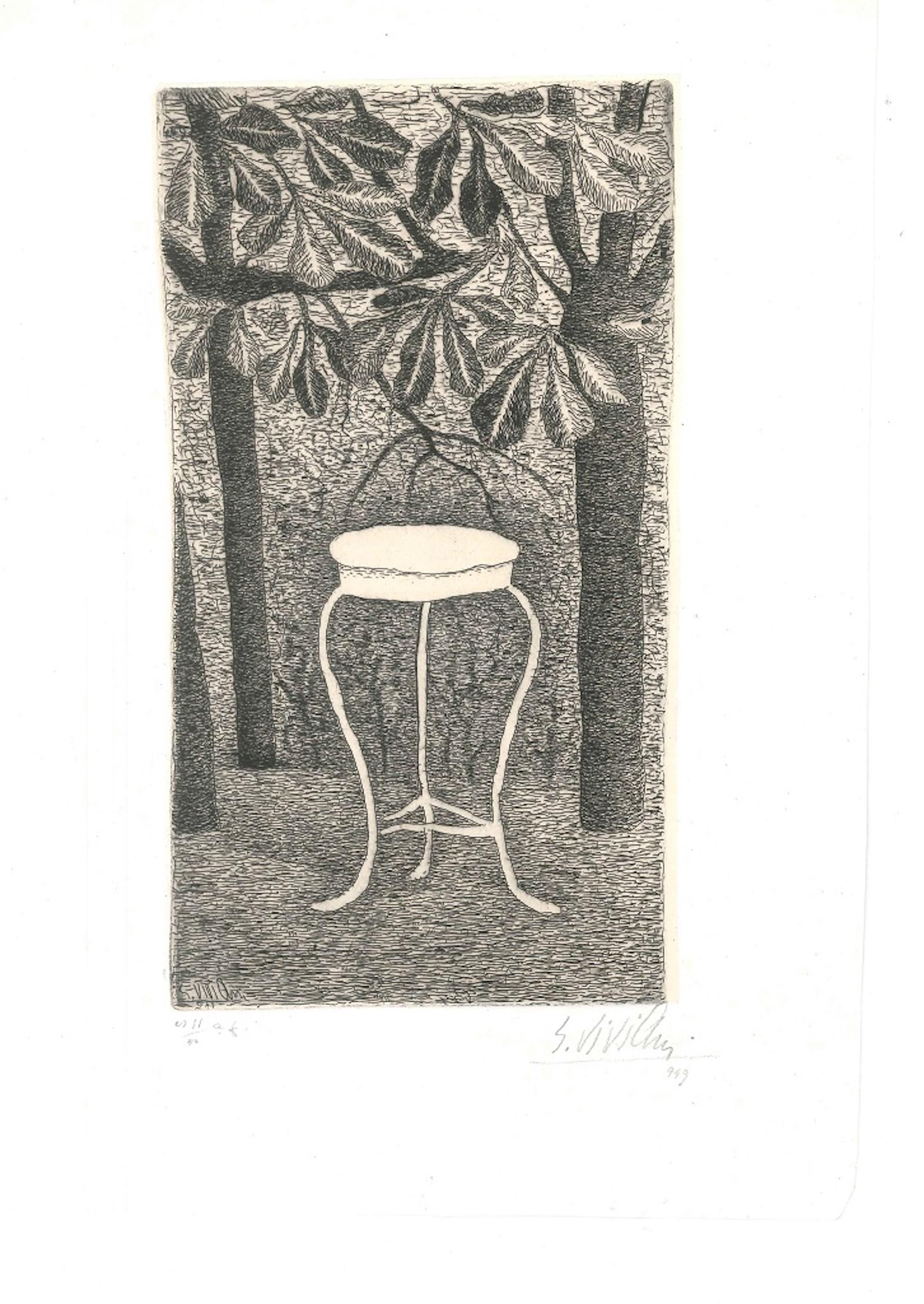 Table In The Wood is an original black and white etching by Giuseppe Viviani realized in 1949.

Hand-signed and dated aby the artist in pencil on the lower right. Numbered in pencil on the lower left. Edition of 50. Signed and dated on plate.