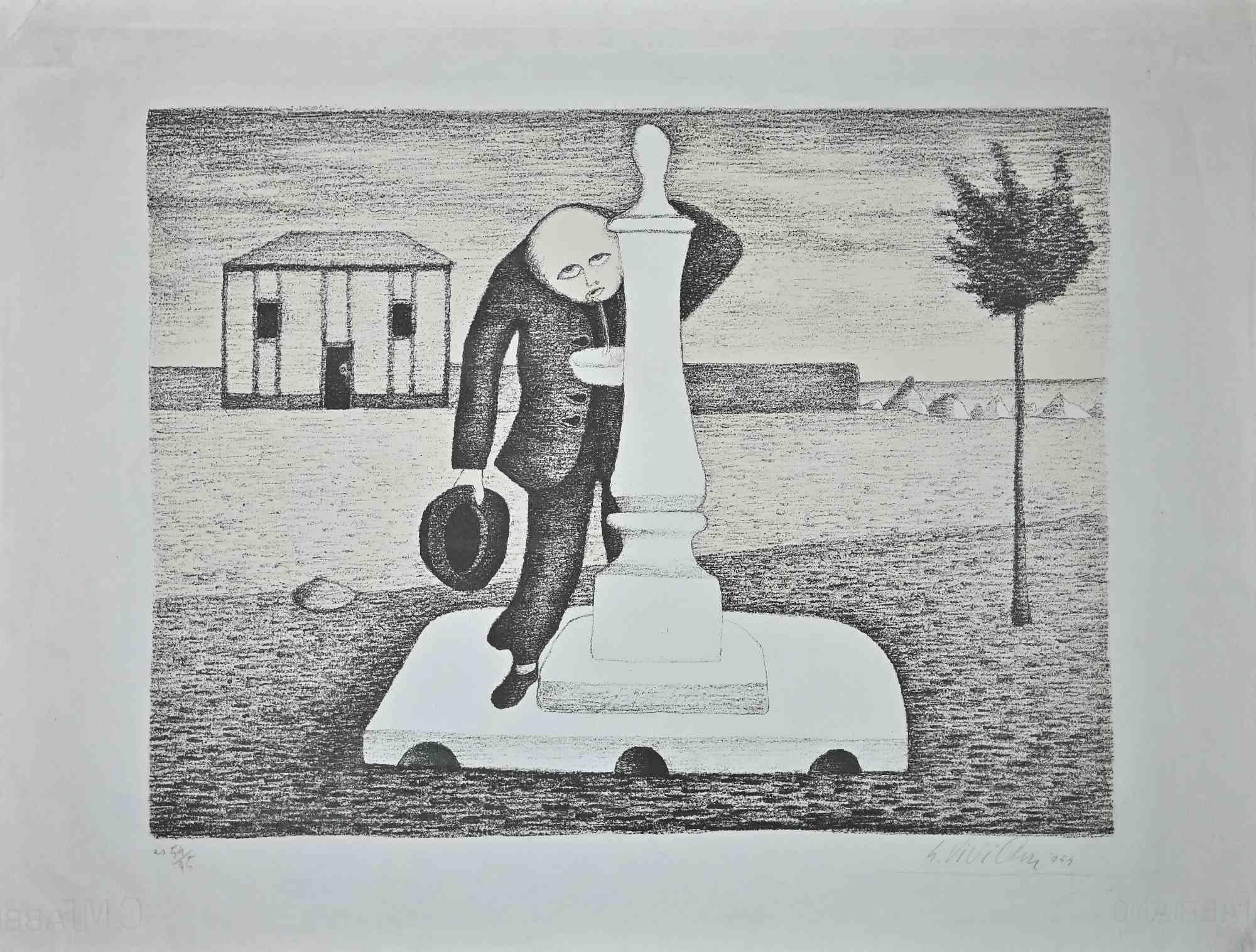The Fountain is an original artwork realized in 1954 by Giuseppe Viviani (Agnano, San Giuliano Terme, 1898 - Pisa, 1965)

Original B/W Lithograph.

Hand-signed and dated on the lower right corner in pencil by the artist: Viviani 954. 

Numbered in