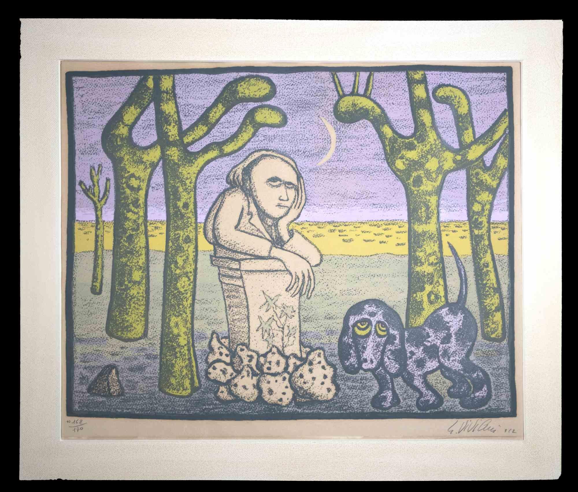 Pensador en el parque es una litografía original realizada por Giuseppe Viviani en 1952.

Buenas condiciones.

Numerada. Edición 168/170. Firmado a mano.

La obra se representa mediante trazos fuertes en una composición bien equilibrada y colores