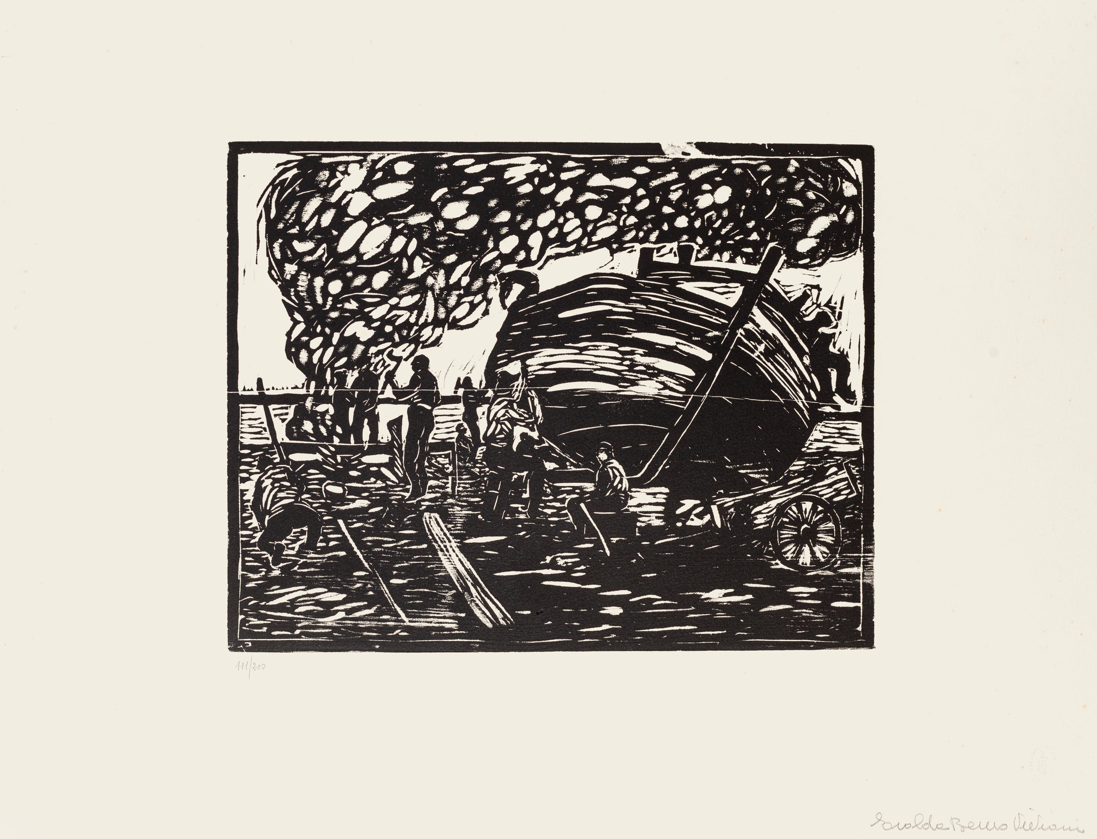Travailleurs au bord de la mer - gravure sur bois de Giuseppe Viviani - 1926