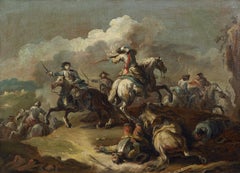 Antique 18th Century battle giuseppe Zais Battle Horses Smoke Oil on Canvas 