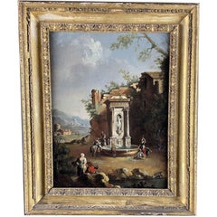 Paisaje con fuente, de Giuseppe Zais. Óleo sobre cartulina, 1850, marco de la época