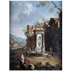 Paisaje con fuente, de Giuseppe Zais. Óleo sobre cartulina, 1850, marco de la época