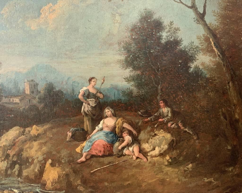 Giuseppe Zais (Venetian master) - 18th century landscape painting - Figures - Brown Figurative Painting by Giuseppe Zais (Canale d'Agordo, Belluno 1709 - Treviso 1781)