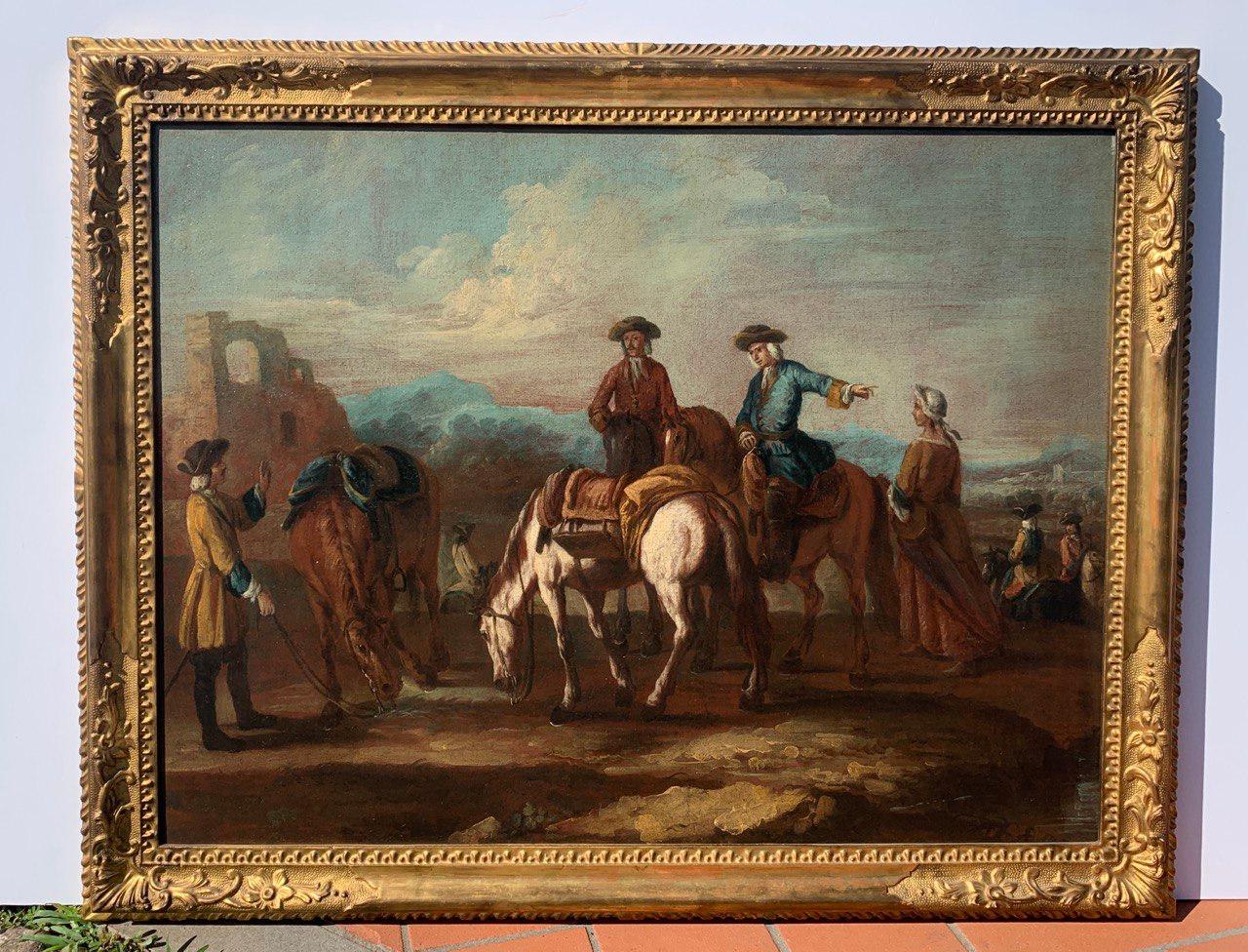 Giuseppe Zais (maître vénitien) - Peinture de paysage du XVIIIe siècle - Chevaliers - Rococo Painting par Giuseppe Zais (Canale d'Agordo, Belluno 1709 - Treviso 1781)