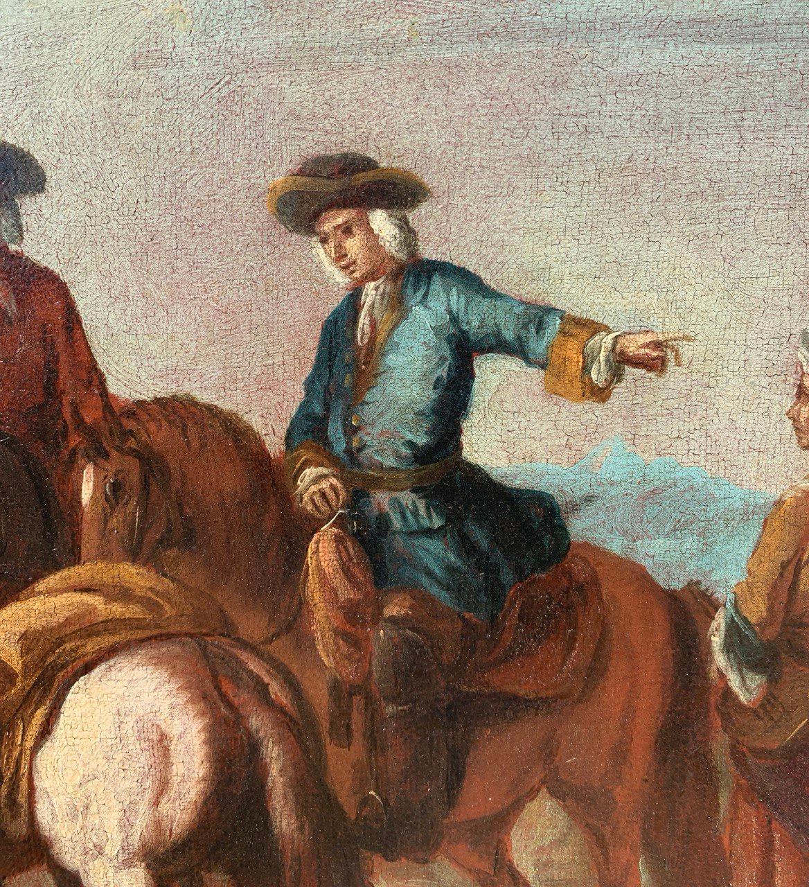 Giuseppe Zais (Forno di Canale 1709 - Treviso 1784) - Paysage avec cavaliers au repos.

55,5 x 85,5 cm sans cadre, 78 x 98,5 cm avec cadre.

Huile sur toile, dans un cadre en bois sculpté et doré.

- La peinture est attribuée avec certitude à