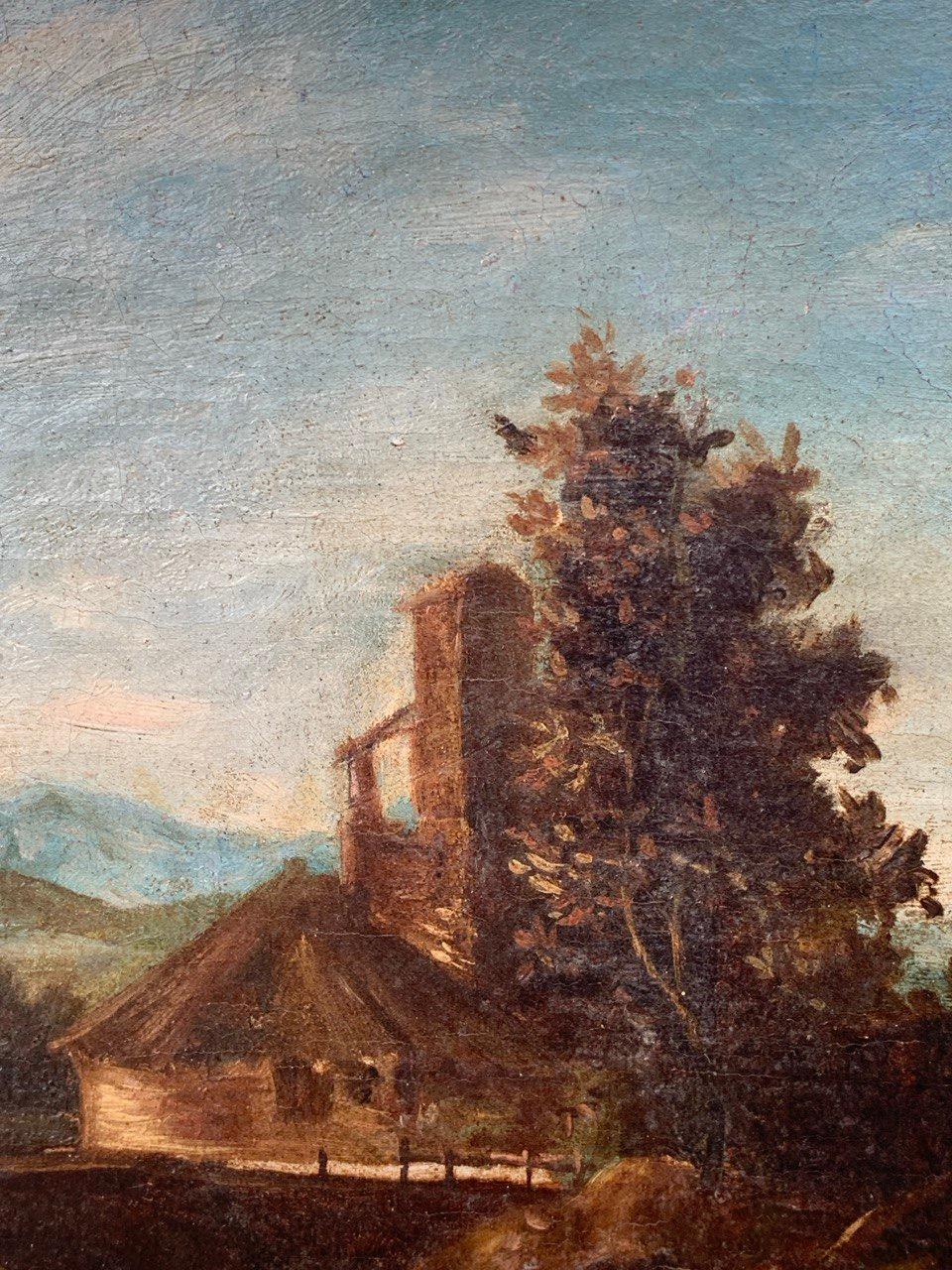 Giuseppe Zais (Forno di Canale 1709 - Treviso 1784) - Landschaften mit Wäscherinnen.

41 x 56 cm ungerahmt, 49,5 x 64,5 cm mit Rahmen.

Öl auf Leinwand, in einem geschnitzten und vergoldeten Holzrahmen.

- Das Gemälde wird von einer kritischen