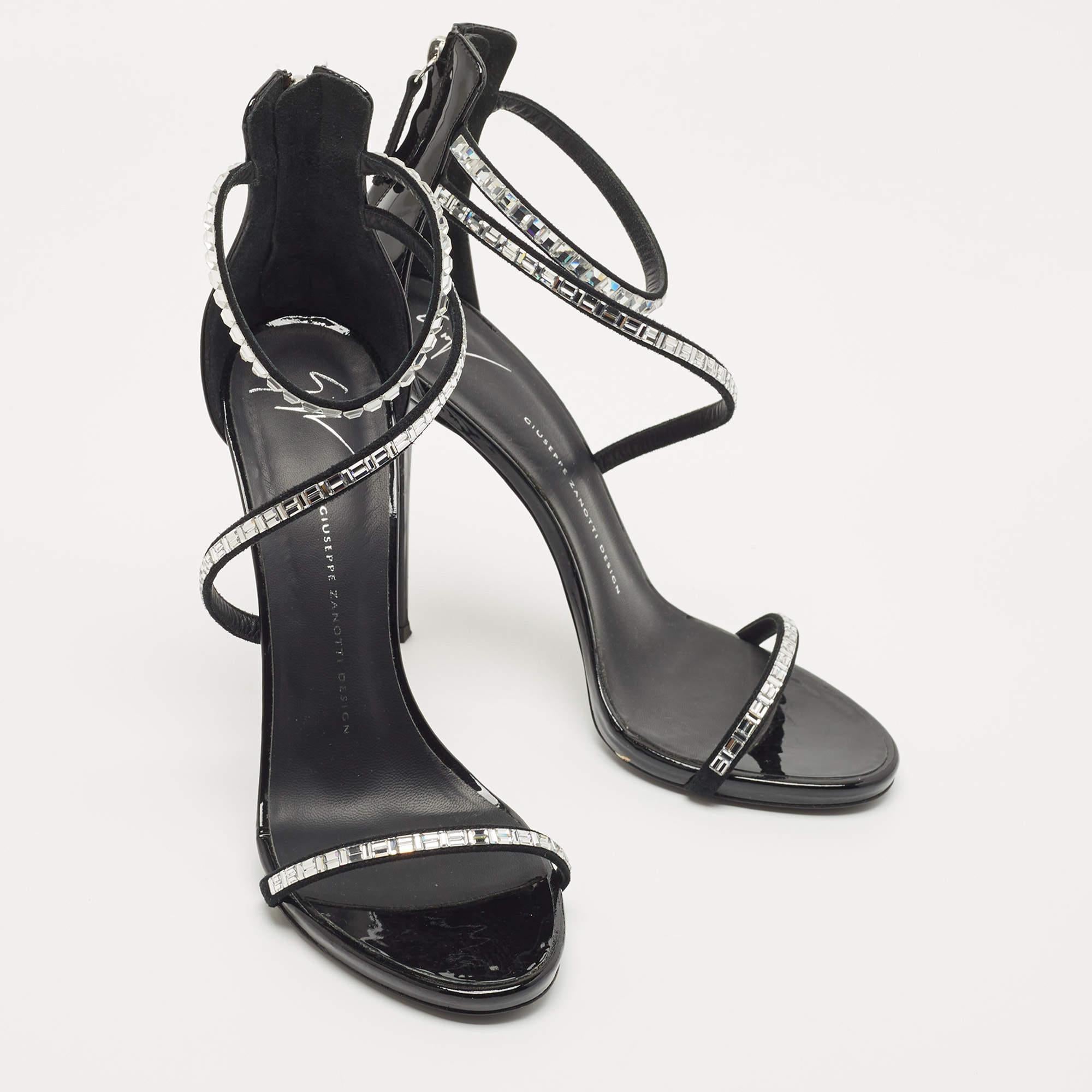 Women's Giuseppe Zannoti Black Patent Leather and Suede Callipe Crystal Strappy Sandals For Sale