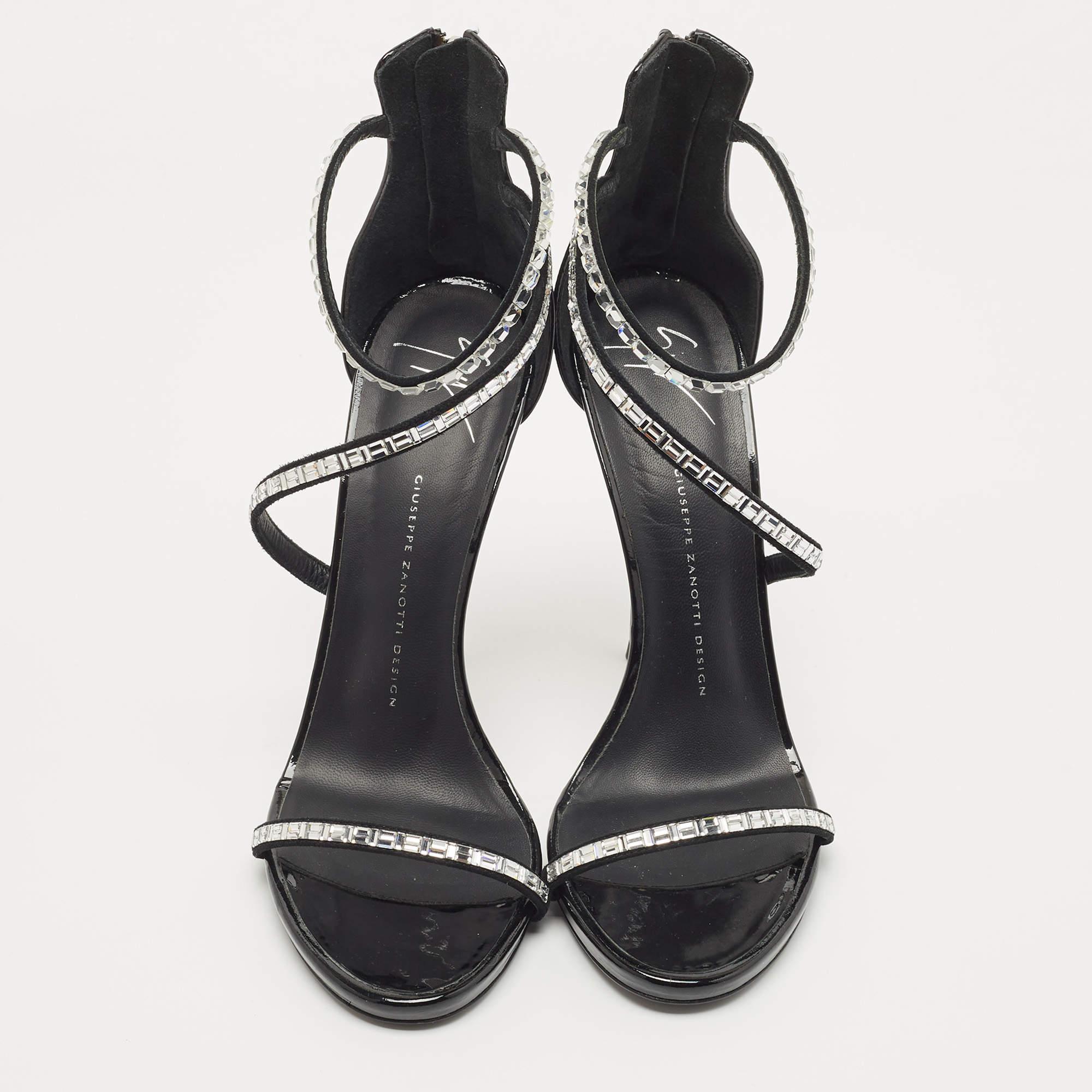 Giuseppe Zannoti Black Patent Leather and Suede Callipe Crystal Strappy Sandals For Sale 4