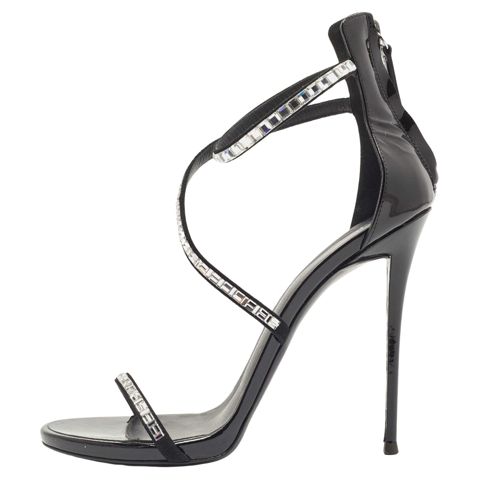Giuseppe Zannoti Black Patent Leather and Suede Callipe Crystal Strappy Sandals For Sale