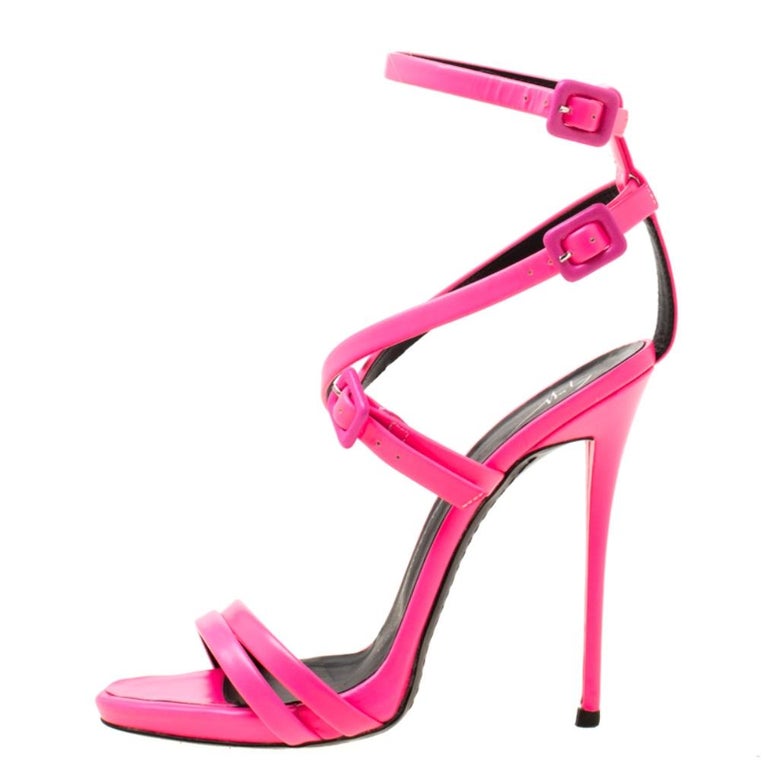 Giuseppe Zannotti Neon Pink Leather Criss Cross Ankle Strap Sandals ...