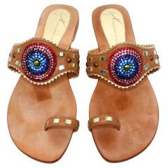 Giuseppe Zanoti Brown Leather Rainbow Rhinestone Sandals