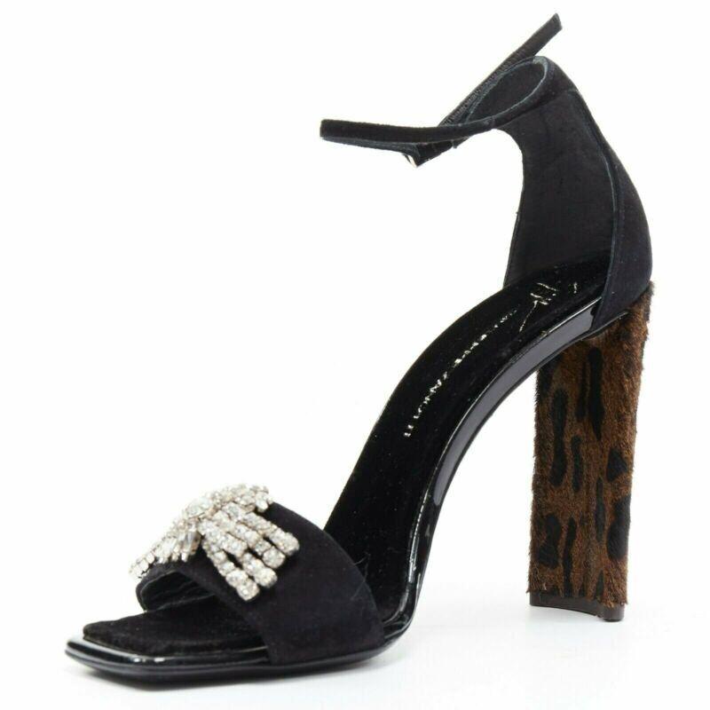 GIUSEPPE ZANOTTI 2017 Sabine black suede crystal embellished leopard sandal EU39 In Good Condition For Sale In Hong Kong, NT
