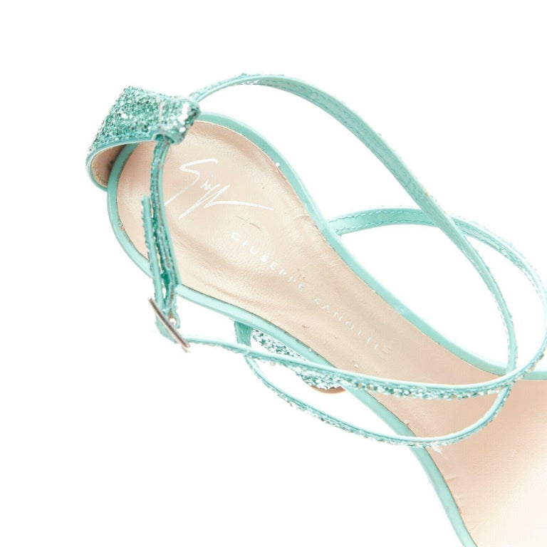 GIUSEPPE ZANOTTI 2019 Tara sky blue glitter square toe chunky heel sandals  EU39 For Sale at 1stDibs