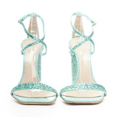 GIUSEPPE ZANOTTI 2019 Tara sky blue glitter square toe chunky heel sandals EU39