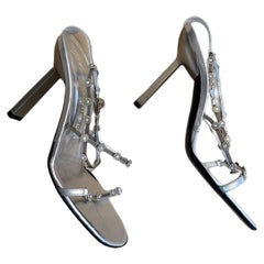 GIUSEPPE ZANOTTI 90's Vintage Silver Crystal Flower Chain Strap Sandals Heels