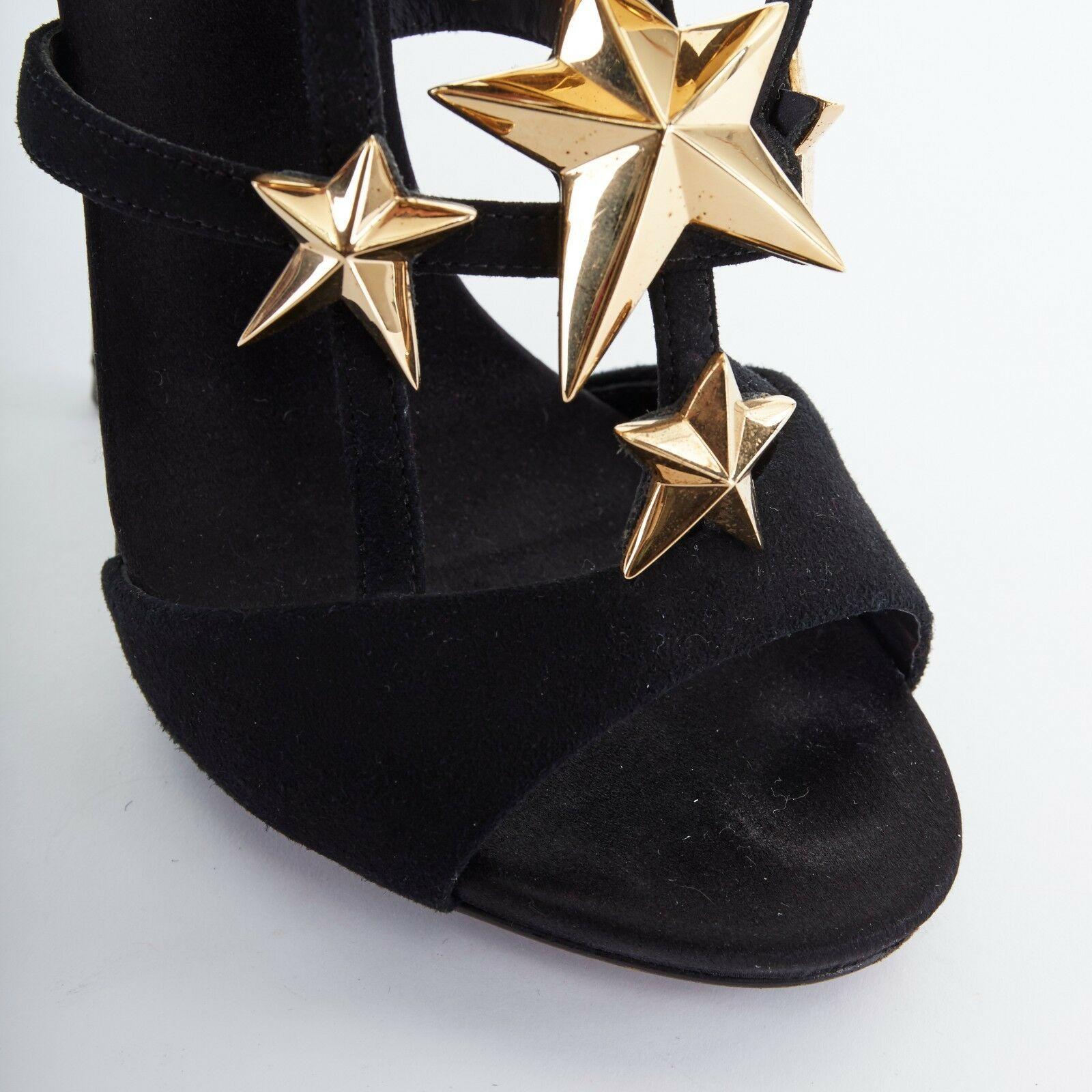 GIUSEPPE ZANOTTI Alien black suede leather gold star strappy sandals heels EU38 In Excellent Condition In Hong Kong, NT