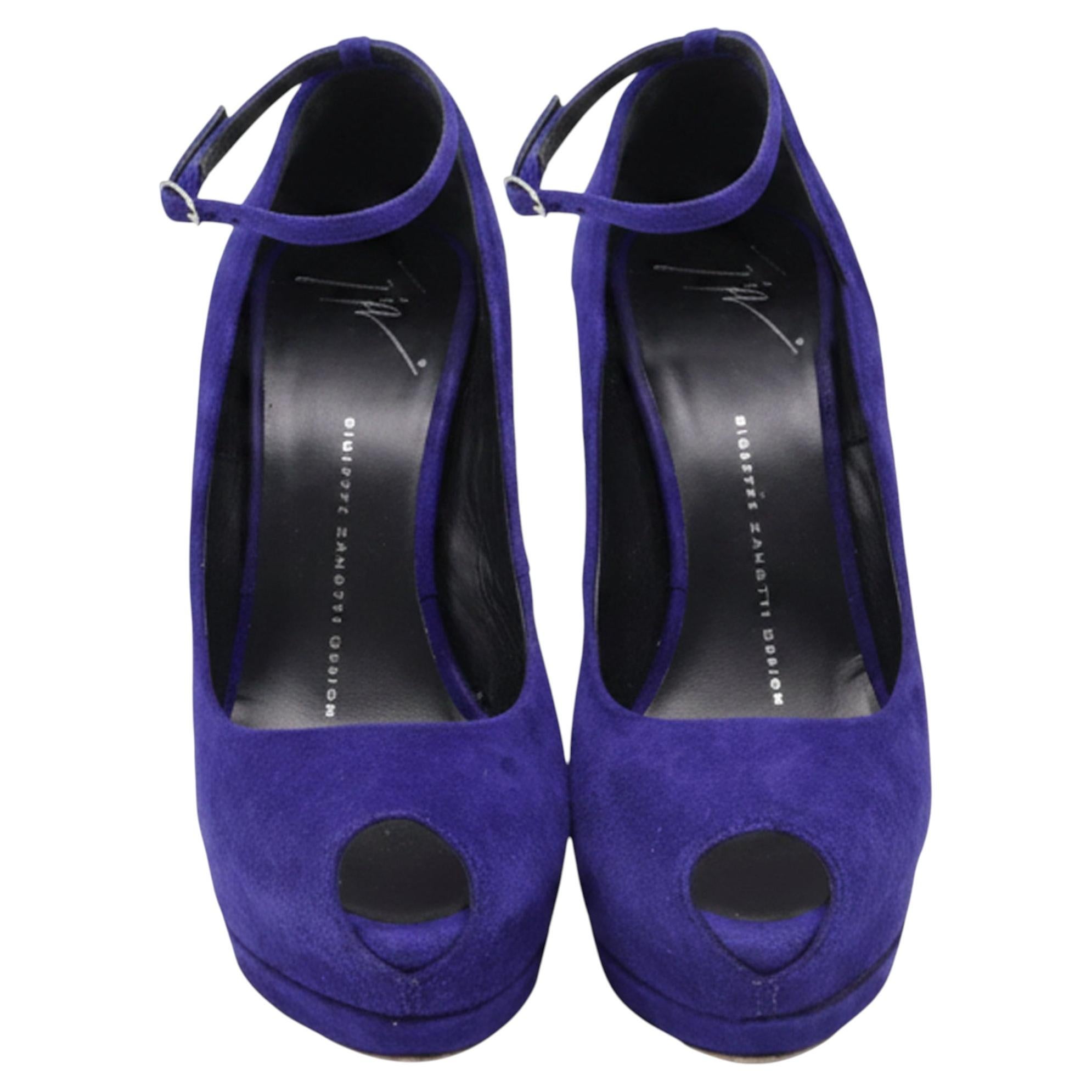 Pre-owned Giuseppe Zanotti Ankle Strap Peep Toe Platform Pumps In Violet Suede In Purple