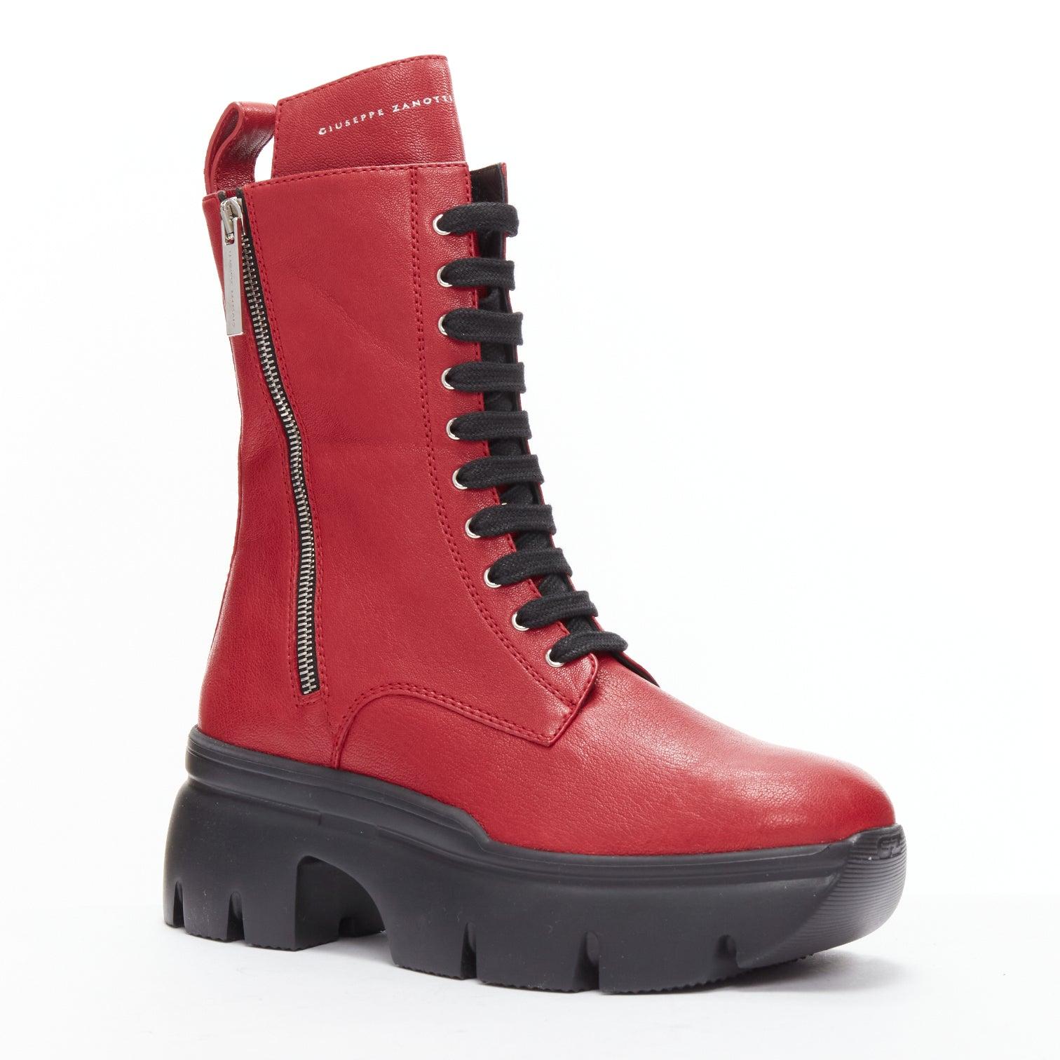GIUSEPPE ZANOTTI Apocalypse red leather side zip combat boots EU39
Reference: AAWC/A00551
Brand: Giuseppe Zanotti
Model: Apocalypse
Material: Leather
Color: Red, Black
Pattern: Solid
Closure: Zip
Lining: Black Leather
Extra Details: Red patent
