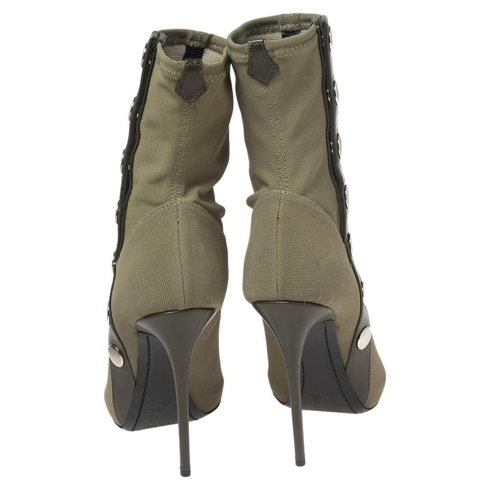 Brown Giuseppe Zanotti Army Green Canvas and Studded Leather Peep-Toe Ankle Boots Size For Sale