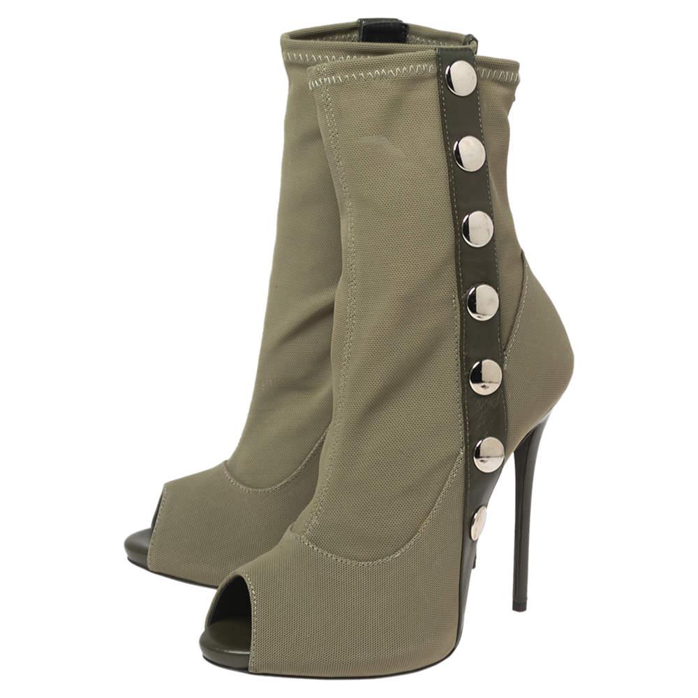 Giuseppe Zanotti Army Green Canvas and Studded Leather Peep-Toe Ankle Boots Size In New Condition For Sale In Dubai, Al Qouz 2