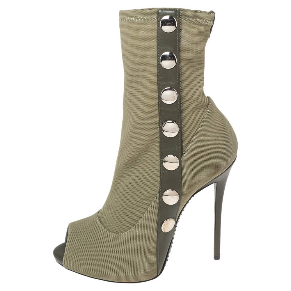 Women's Giuseppe Zanotti Army Green Canvas and Studded Leather Peep-Toe Ankle Boots Size For Sale