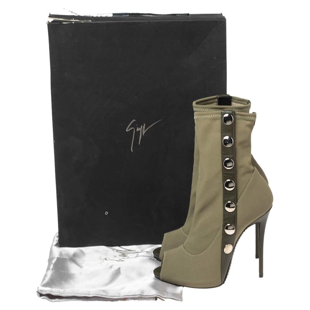 Giuseppe Zanotti Army Green Canvas and Studded Leather Peep-Toe Ankle Boots Size For Sale 4