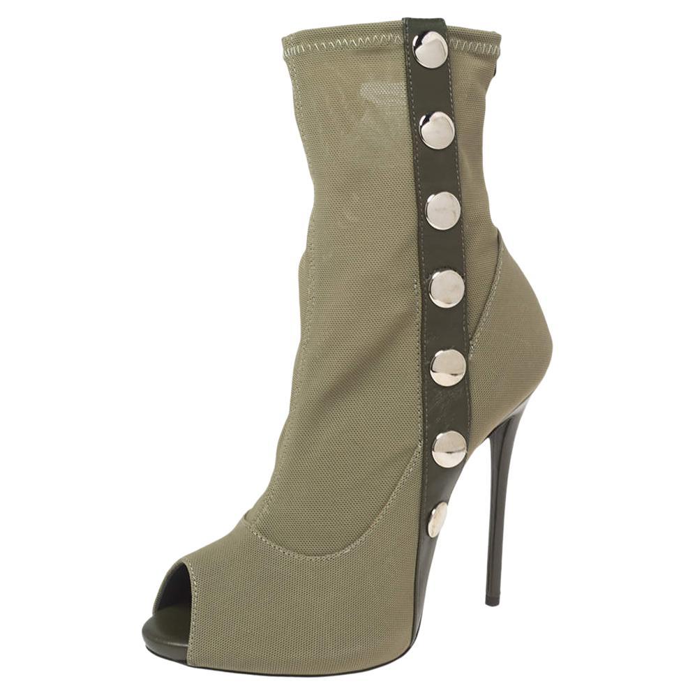 Giuseppe Zanotti Army Green Canvas and Studded Leather Peep-Toe Ankle Boots Size For Sale