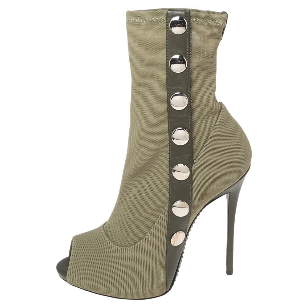 Brown Giuseppe Zanotti Army Green Canvas Leather Peep-Toe Ankle Boots Size 37 For Sale