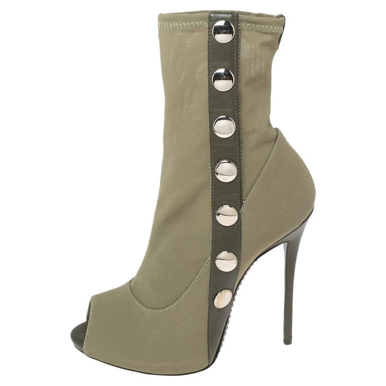 Army Canvas Studded Leather Peep-Toe Ankle Boots Size 37 For Sale at 1stDibs | army green peep toe booties, army green boots, green peep toe boots