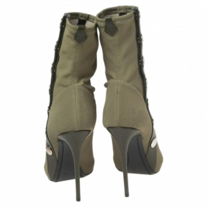 Giuseppe Zanotti Army Green Canvas Studded Leather Peep-Toe Ankle Boots Size 37 en vente 2