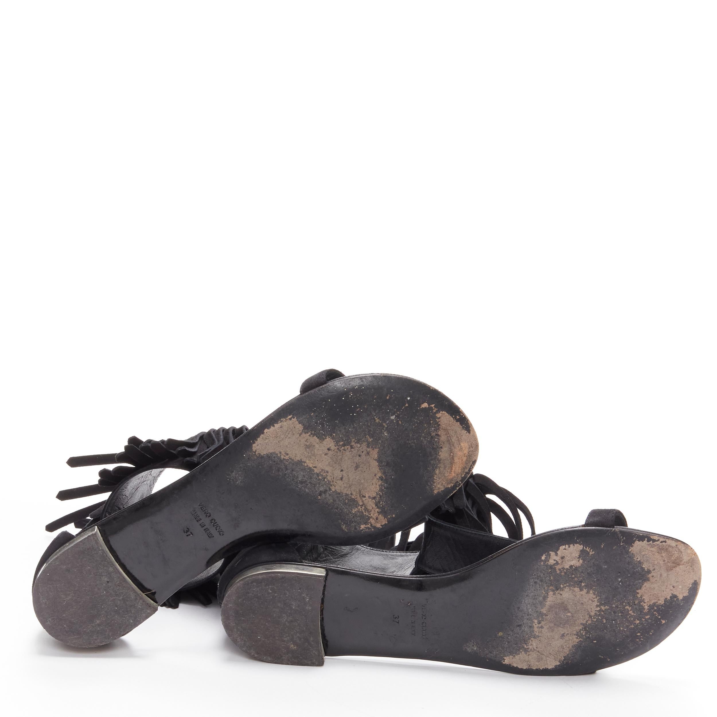 GIUSEPPE ZANOTTI BALMAIN black suede fringe T-strap open toe flat sandals EU37 For Sale 6