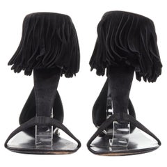 GIUSEPPE ZANOTTI BALMAIN black suede fringe T-strap open toe flat sandals EU37