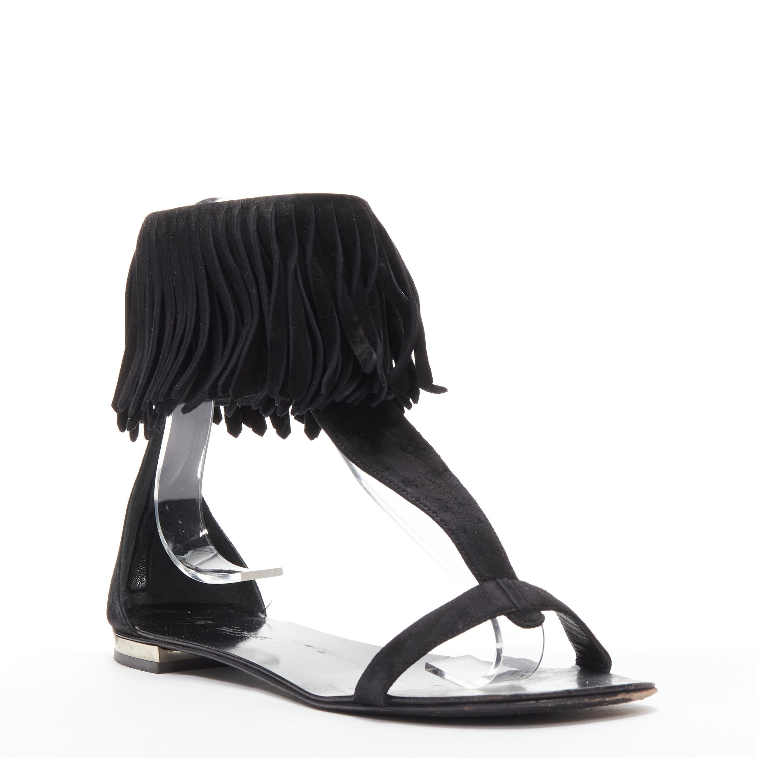 Black GIUSEPPE ZANOTTI BALMAIN black suede fringe T-strap open toe flat sandals EU37 For Sale