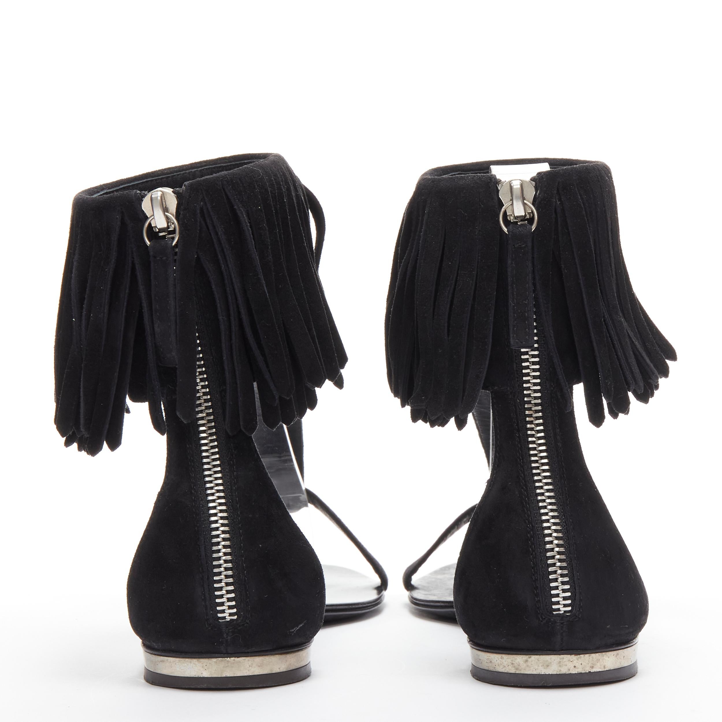 Women's GIUSEPPE ZANOTTI BALMAIN black suede fringe T-strap open toe flat sandals EU37 For Sale