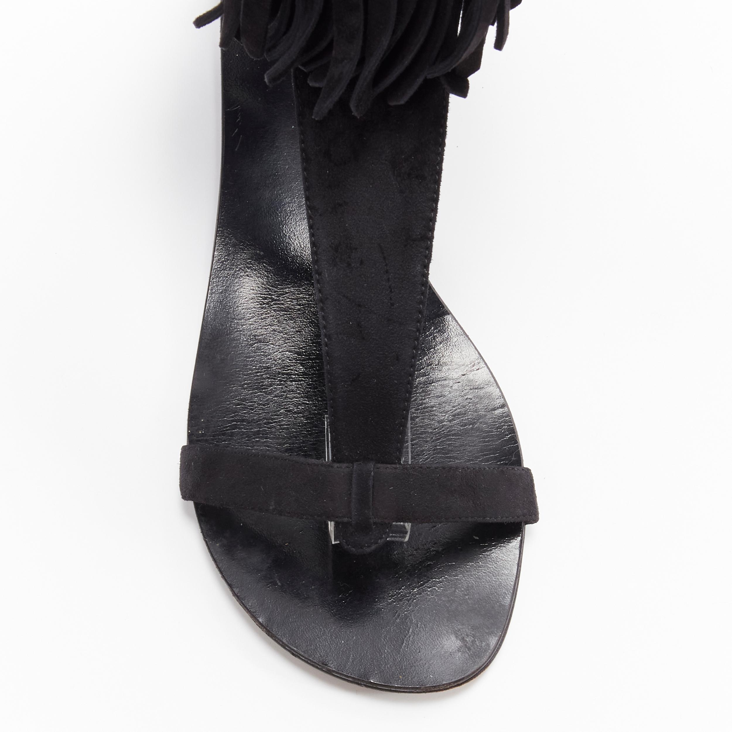 GIUSEPPE ZANOTTI BALMAIN black suede fringe T-strap open toe flat sandals EU37 For Sale 1