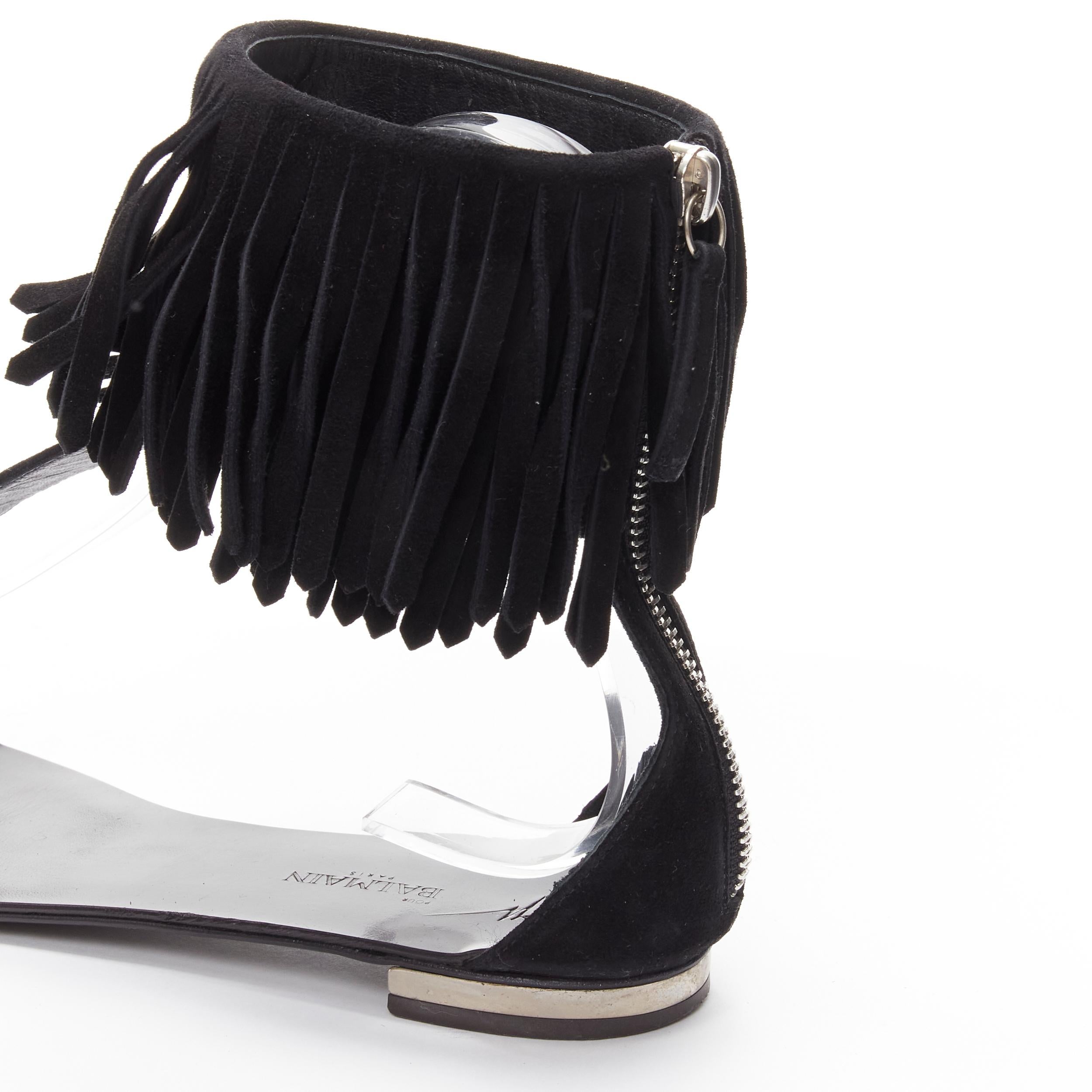 GIUSEPPE ZANOTTI BALMAIN black suede fringe T-strap open toe flat sandals EU37 For Sale 3